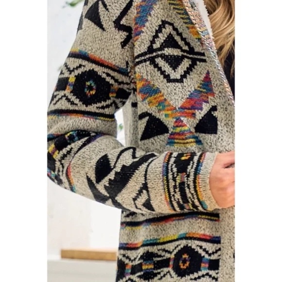 Oatmeal Rainbow Aztec Sherpa Lined Knit Button Hooded Cardigan Sweater - Picture 6 of 6